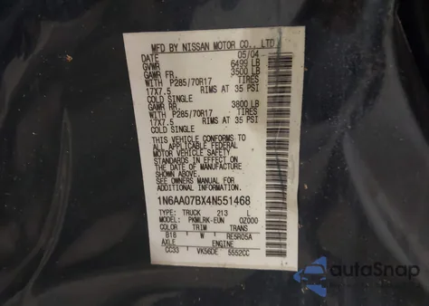 2004 Nissan Titan Xe из США, поврежденный, VIN 1N6AA07BX4N551468